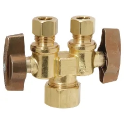 1/2" Nom Comp Inlet X 3/8" O.D. Comp X 3/8" O.D. Comp Dual Outlet Dual Shut-Off 1/4-Turn Straight Ball Valve