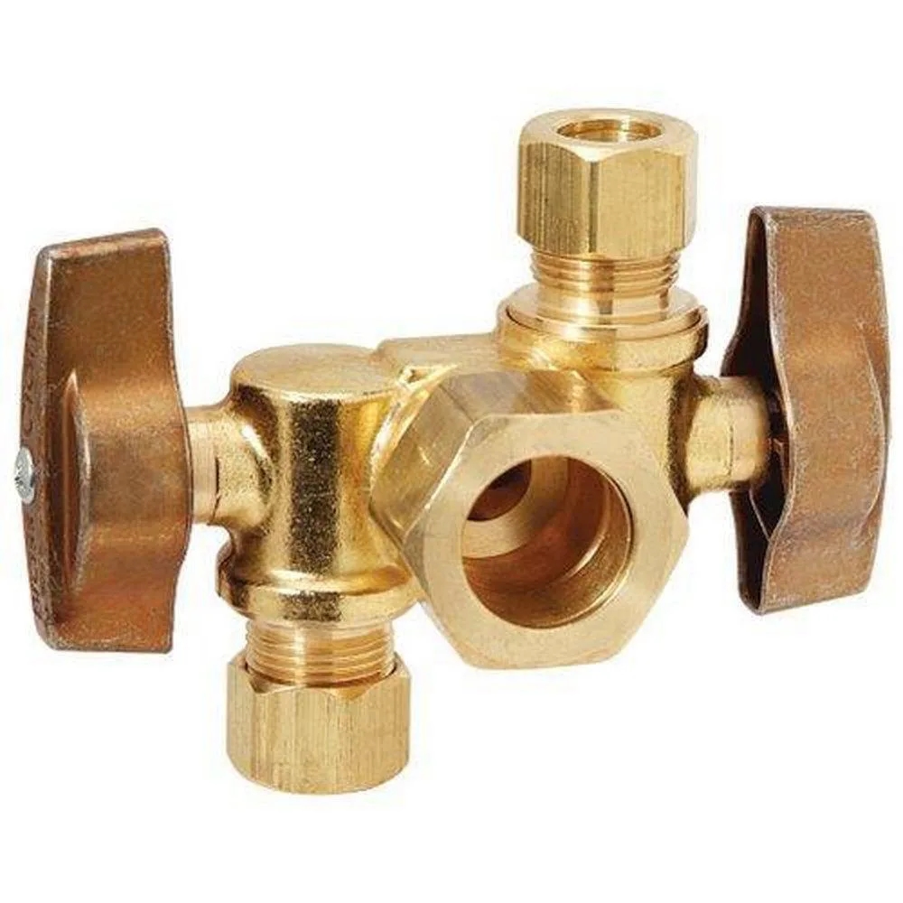 1/2" Nominal Comp Inlet X 3/8" OD Comp X 3/8" OD Comp Dual Outlet Dual Shut-Off 1/4-Turn Angle Ball Valve