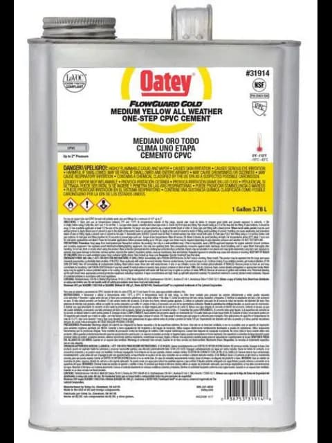 CAN CONTAINER TYPE; 1 GALLON CONTAINER SIZE; 2 INCH DIA PIPE SIZE; YELLOW COLOR; 180 DEG F BONDING TEMPERATURE; APPLICATION CPVC; LO-V.O.C FLOWGUARD[R] GOLD[T] BRAND; 31914 MODEL; POTABLE WATER SYSTEM
