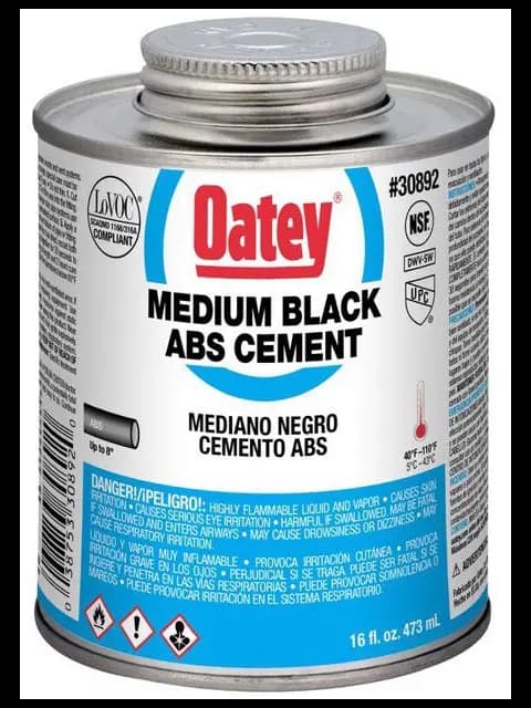 MEDIUM; CAN CONTAINER TYPE; 16 OZ CONTAINER SIZE; 6 INCH DIA PIPE SIZE; BLACK COLOR; 40 TO 100 DEG F BONDING TEMPERATURE; APPLICATION ABS ABS-DWV; 30892 MODEL