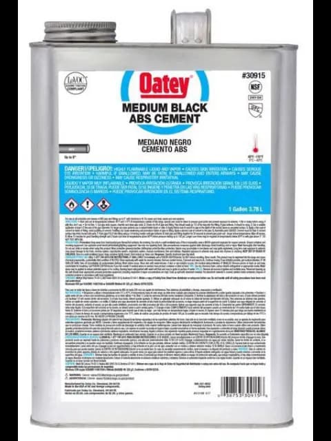 MEDIUM; CAN CONTAINER TYPE; 1 GALLON CONTAINER SIZE; 6 INCH DIA PIPE SIZE; BLACK COLOR; 40 TO 100 DEG F BONDING TEMPERATURE; APPLICATION ABS ABS-DWV; 30915 MODEL