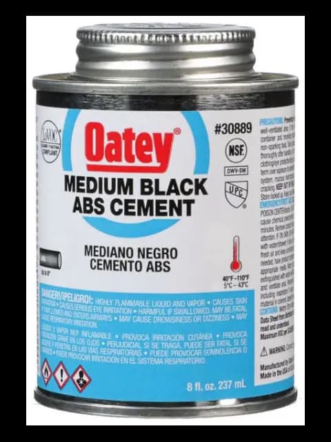 MEDIUM; CAN CONTAINER TYPE; 8 OZ CONTAINER SIZE; 6 INCH DIA PIPE SIZE; BLACK COLOR; 40 TO 100 DEG F BONDING TEMPERATURE; APPLICATION ABS ABS-DWV; 30889 MODEL