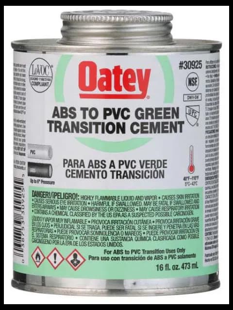 MEDIUM; CAN CONTAINER TYPE; 16 OZ CONTAINER SIZE; 6 INCH DIA 40S/80S PIPE SIZE; GREEN COLOR; 40 TO 100 DEG F BONDING TEMPERATURE; APPLICATION ABS TO PVC; 30925 MODEL