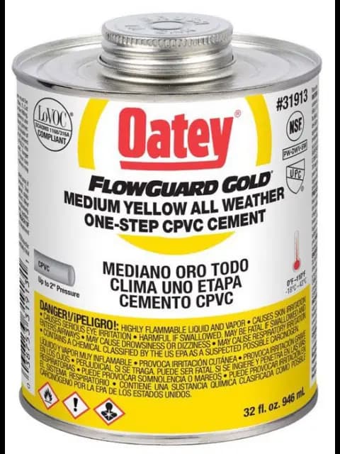 CAN CONTAINER TYPE; 32 OZ CONTAINER SIZE; 2 INCH DIA PIPE SIZE; YELLOW COLOR; 180 DEG F BONDING TEMPERATURE; APPLICATION CPVC; LO-V.O.C FLOWGUARD[R] GOLD[T] BRAND; 31913 MODEL; POTABLE WATER SYSTEM